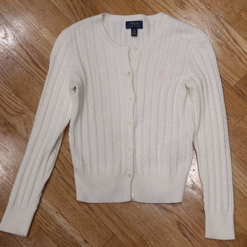 POLO RALPH LAUREN girls cable knit cardigan sweater white 8 10 cotton formal