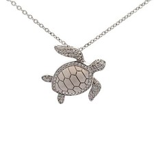 Sterling Silver Turtle Necklace With CZ 1 x 1 Inch --Chain 18 1 Inch