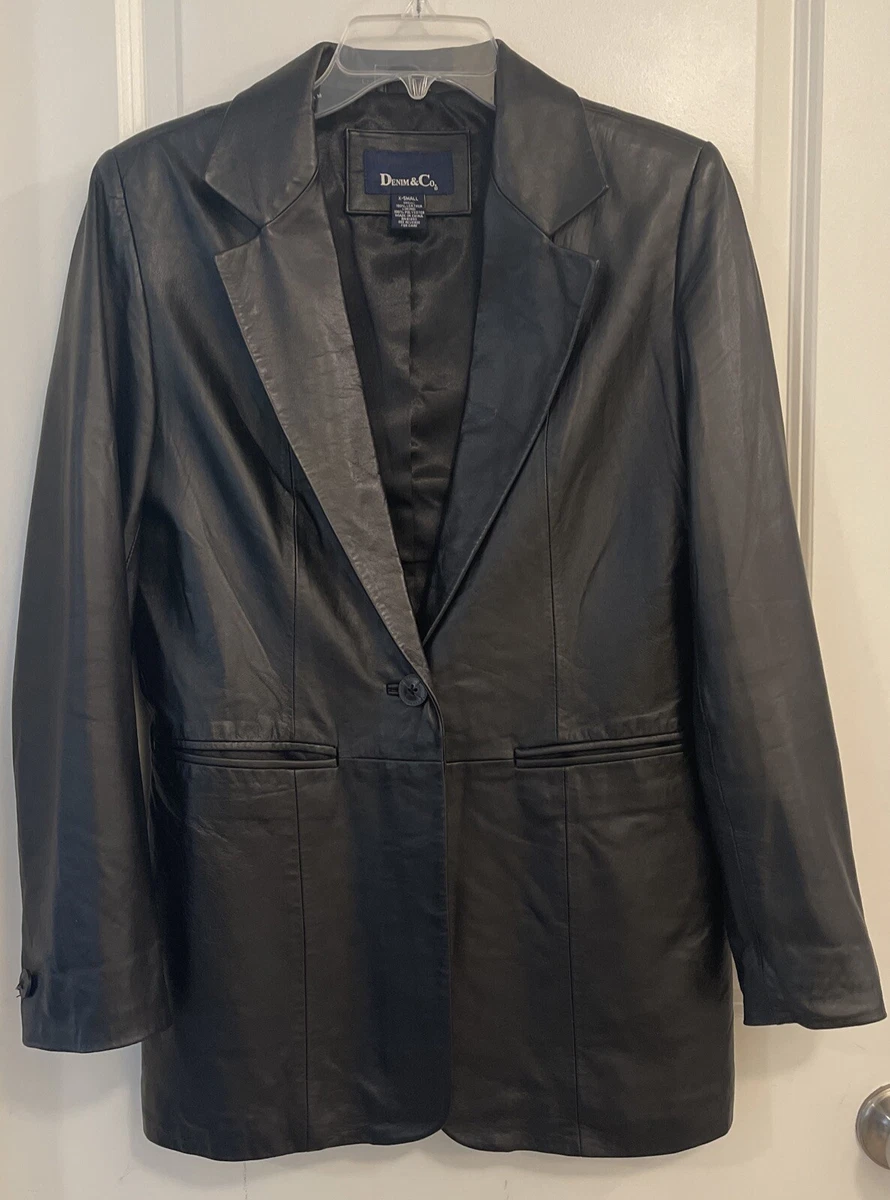 Denim & Co. Size XS BLACK Leather One Button Fully Lined Blazer 