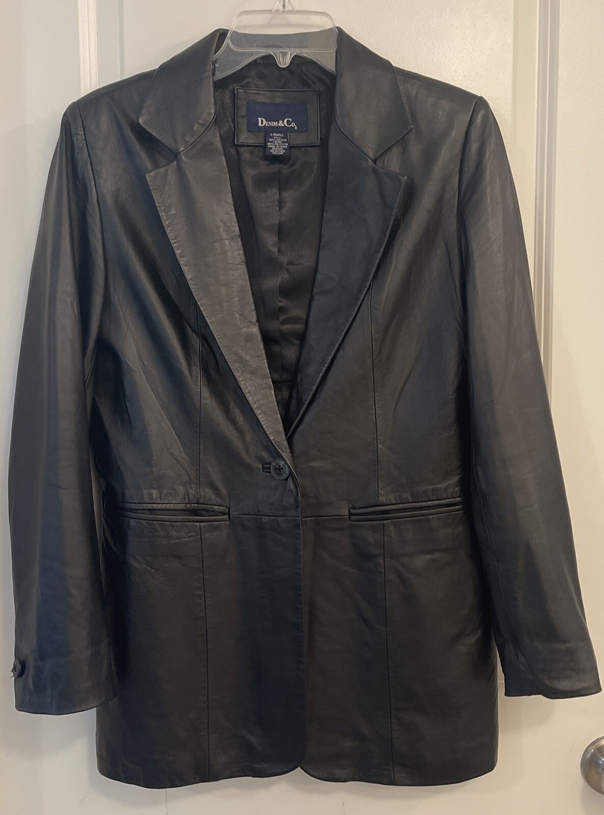 Denim & Co. Size XS BLACK Leather One Button Fully Lined Blazer 