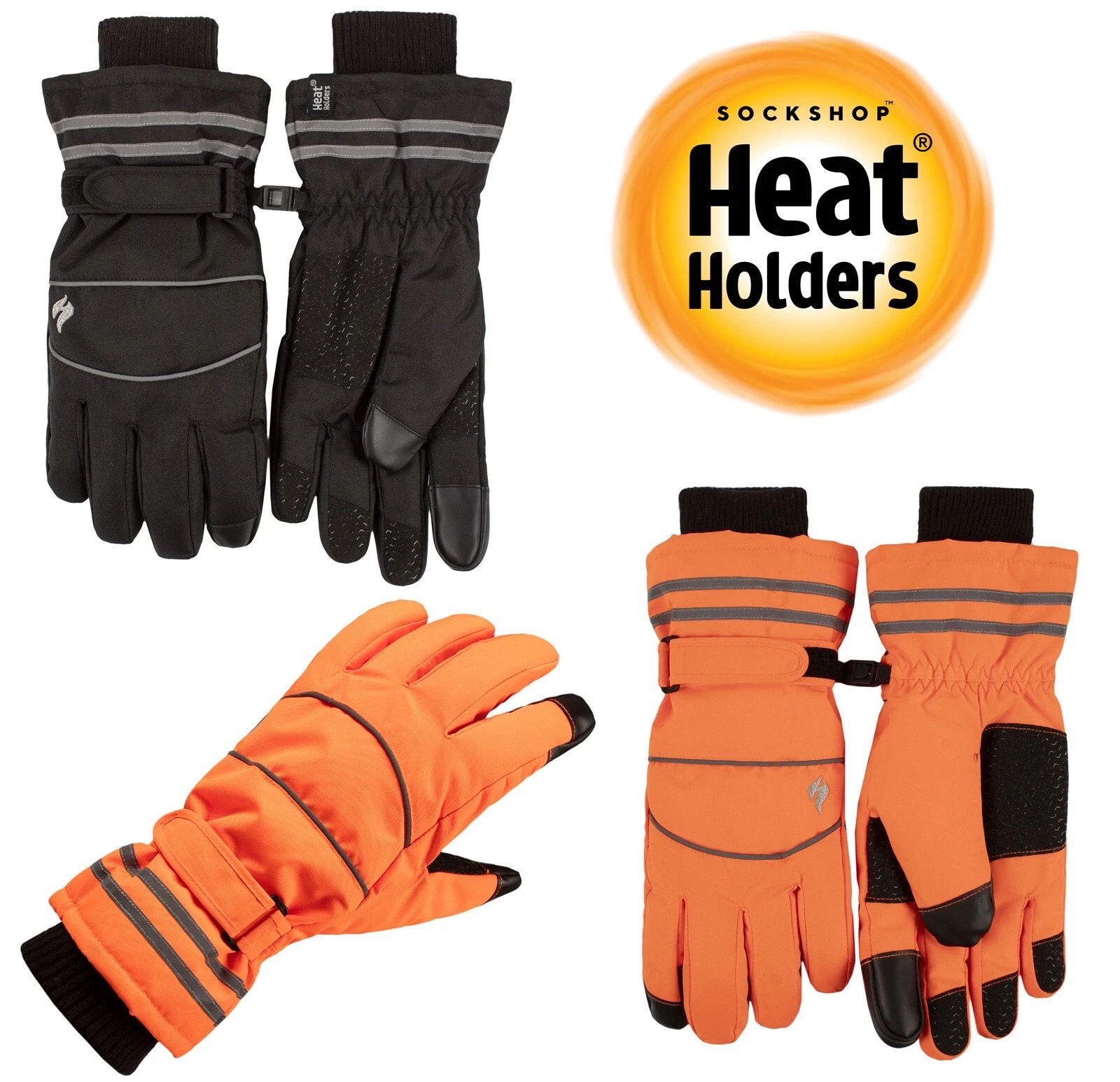 Mens Touch Screen Gloves, 1 Pair, Heat Holders 'Worxx' Performance Black, Orange