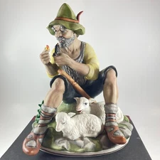 Shepherd Smoking A Pipe W/ Sheep Signed Dresden Porcelain Vintage