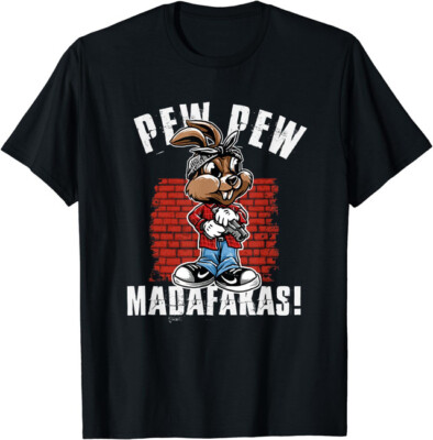 NEW LIMITED Funny Gangster Rabbit Bunny Gun Pew Madafakas Tough Guy Gift T-Shirt