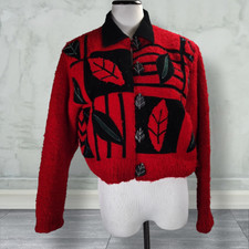 Vintage Wearable Art Crop Bomber Jacket Size M Boucle Knit Suede Trim Oversized