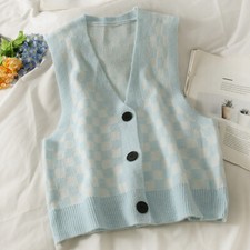 Women Knitted Vest Waistcoat Sleeveless V Neck Plaid Cardigan Sweater Jumper