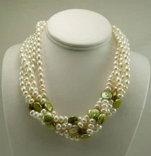 Freshwater White & Green 5 Strands Pearl Necklace with Sterling Silver Clasp 19"