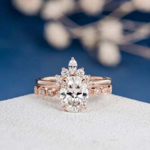 Authentic 2Ct Oval White Moissanite Curved Bridal Set Engagement Ring 14K Rose Gold Plated