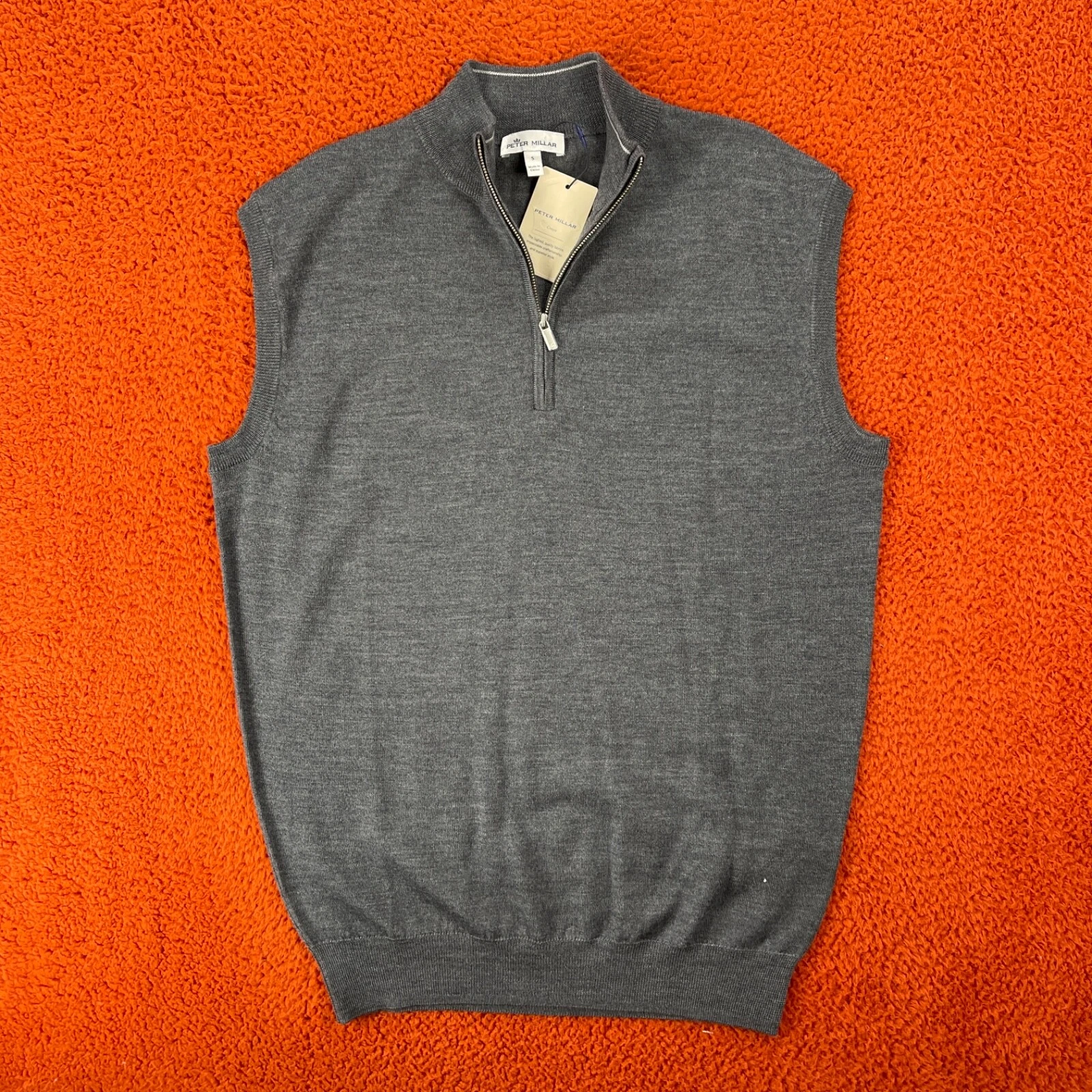 PETER MILLAR Mens SMALL Autumn Crest 1/4 Zip Sweater Vest Charcoal Merino Wool