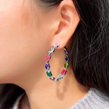 Women Trendy Colorful Cubic Zirconia Silver Plated Circle Hoop Earrings Jewelry
