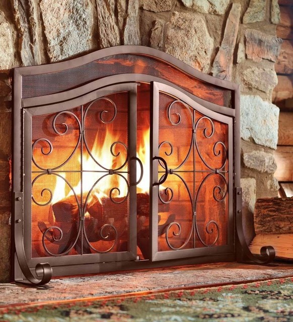 Small Crest Fireplace Screen With Doors Solid Wrought Iron Frame