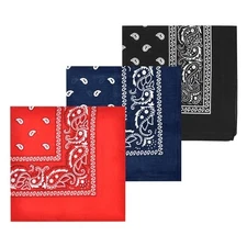  Novelty Paisley Large Bandanas 12 Pack 100% Cotton 22*22in 3 Black/Red/Navy