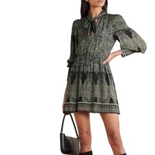 Alice + Olivia Tanisha Green Paisley Print Tie V-Neck Bishop Sleeve Mini Dress