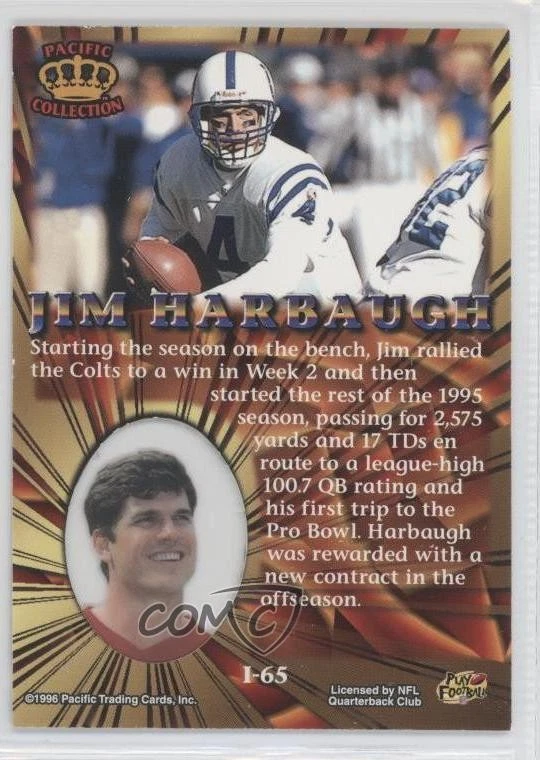 1996 Pacific Invincible Silver Jim Harbaugh #I-65 - Image 2 of 2