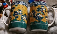 Pair of Vintage TAKAHASHI San Francisco Hand Decorated "Kutani" Mugs 4-1/8" High