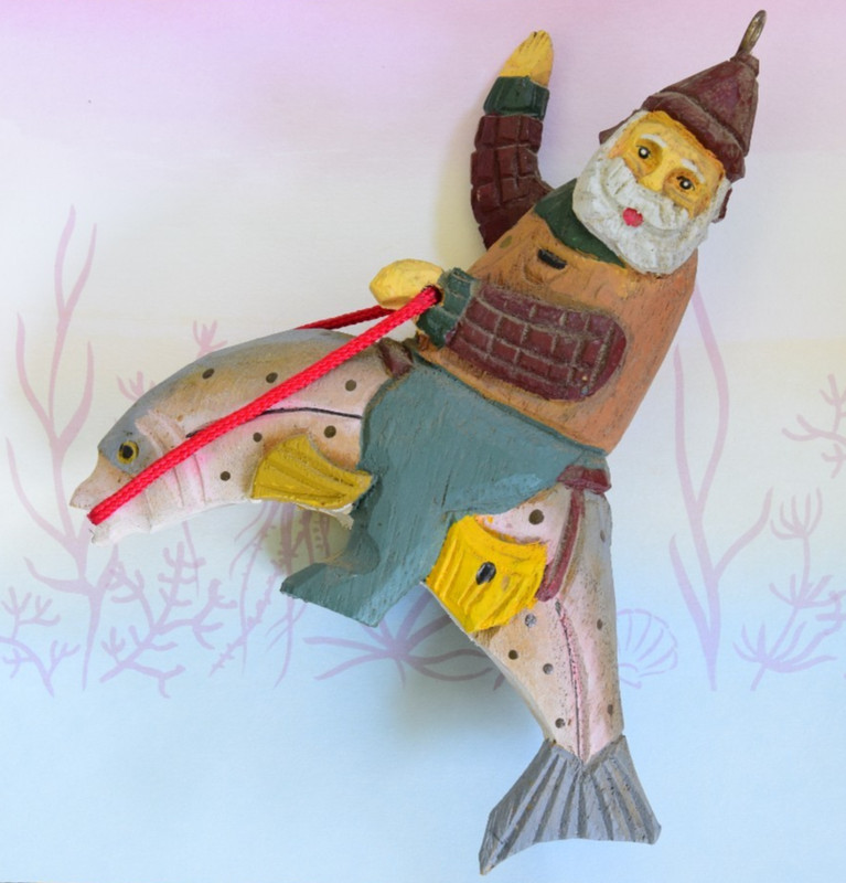 Santa Riding Large Exotic Fish Christmas Ornament