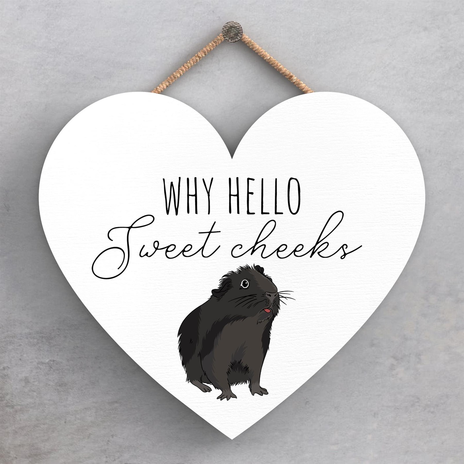 HELLO SWEET CHEEKS BLACK GUINEA PIG HEART WOODEN PLAQUE