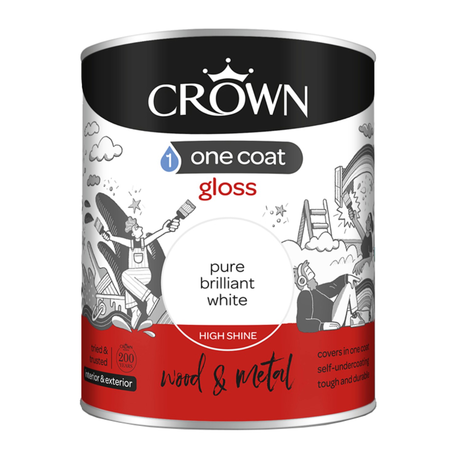 Crown Paint One Coat Gloss White High Shine Interior Exterior Time Saving 750ml