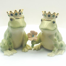 Lenox Jeweled Frog Prince and Princess Salt & Pepper Shaker Set Gold Crown