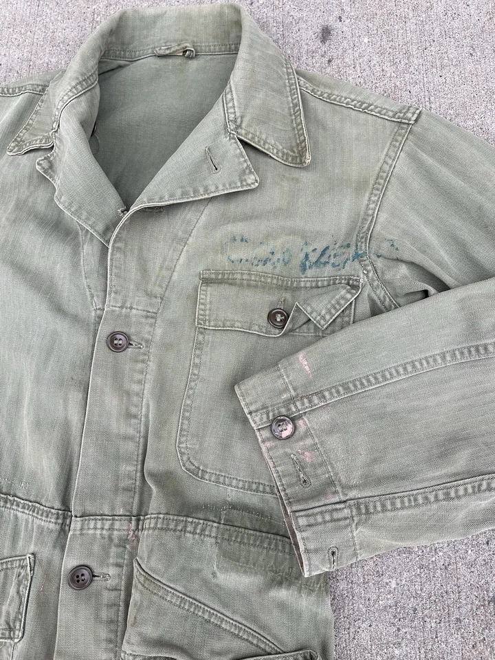 WW2 EE.UU. Ejército HBT Monos Mecánicos Verde Espiga Pequeño Modificado Militar Foto 2 de 4