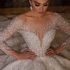 Wedding Dresses Sexy Luxury Hand Beaded Long Sleeve Ball Gowns Long Chapel Train