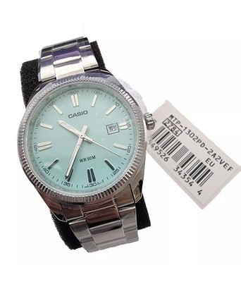 New Casio Aqua Blue Dial 44mm Silver Steel Bracelet Watch MTP-1302PD-2A2VEF