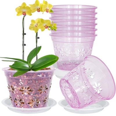 Orchid Pot, 8 Pack Orchid Pots with Holes & Saucers, Clear Plastic Pot for Repot