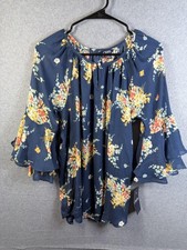 Chaps Blouse Womens Medium Blue Floral 3/4 Bell Sleeve Tunic Top NWT Chiffon