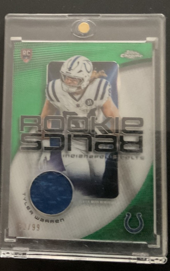 2025 TOPPS CHROME TYLER WARREN ROOKIE RELICS GREEN REFRACTOR /99 ROOKIE RC 