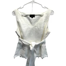Masano New York Women V Neck Tank Top w Belt White 100% Linen Beads Resort