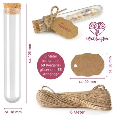 WeddingTree Reagenzgläser mit Korken 60 Stück 20ml Juteschnur und Anhänger