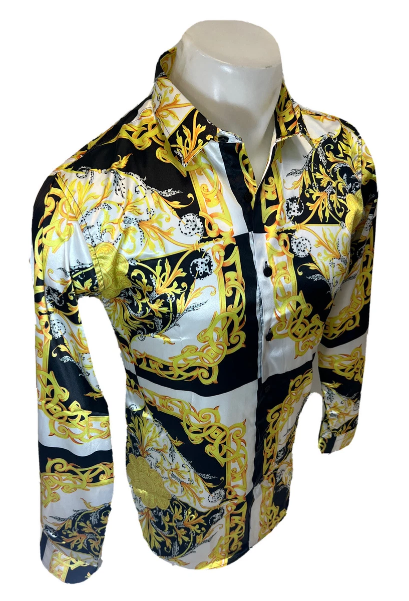 Hommes Manches Longues Noir Jaune Bouton Bas Robe l gant Chemise
