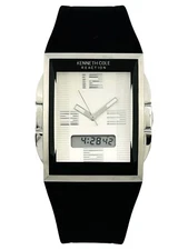 Kenneth Cole KC1375 Rectangle Dual Time Analog & Digital Silicon Blk Strap Watch