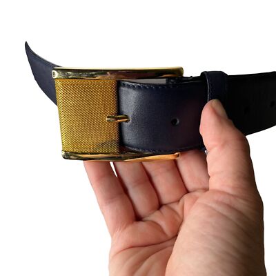 Vintage Liz Claiborne Navy Blue Leather Belt with Gold Mesh  display picture 2
