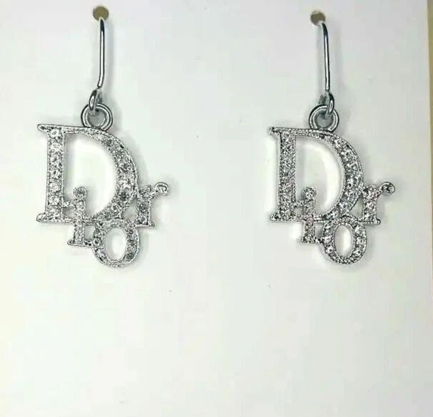 Christian Dior Earrings Rhinestone Logo Silver Accessories France