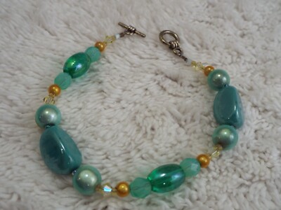 Yellow Teal Blue Glass Bead Bracelet (D13)
