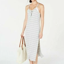 Miken Sleeveless Lace-Up Swimsuit Cover-Up Dress Size Small Grey Striped NEW