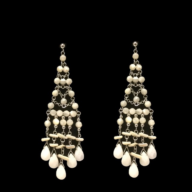 Sterling Silver Mother of Pearl 3" Long Chandelier Earrings w/Backs