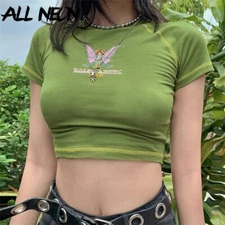 ALLNeon e-girl papillon graphique et lettre impression point vert récolte hauts
