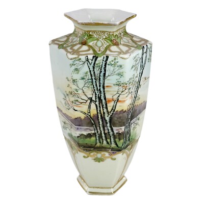 Nippon Tohina E-OH Porcelain Lg Hexagonal Vase Hand Painted