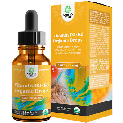 Organic Vegan Liquid Vitamin D3 with K2 for Adults - 2000IU per Serving for Bone