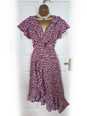 PINK BOUTIQUE Pink Leopard Print Asymmetrical Midi Dress, Size