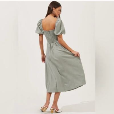 ASTR Label Pleated Bodice Bubble Sleeve Midi Dress Smocked Sage XL NWT