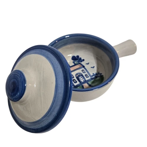 M A Hadley Pottery Lidded Crock Soup Bowl with Handle House Blue 4.5" x 2"