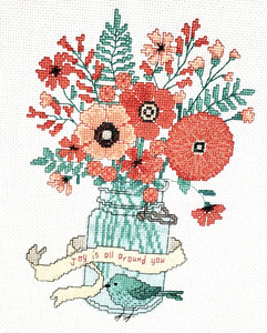 HALLMARK "JAR OF BLOOMS" Joy is all around us-Handcrafted  Cross Stitch Picture 