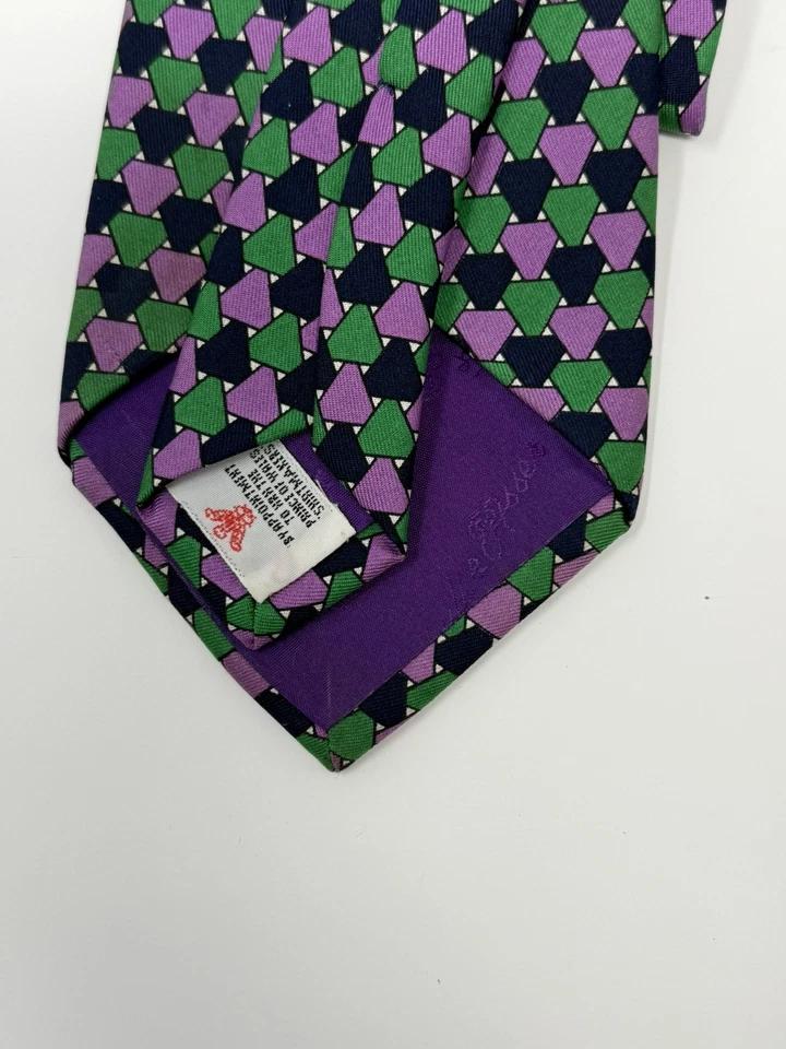 Corbata de seda vintage Turnbull & Asser Príncipe de Gales Inglaterra púrpura/verde geométrica Foto 3 de 4