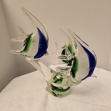 Vintage Murano Art Glass Angel Fish School Of Three Figurine Blue White Green
