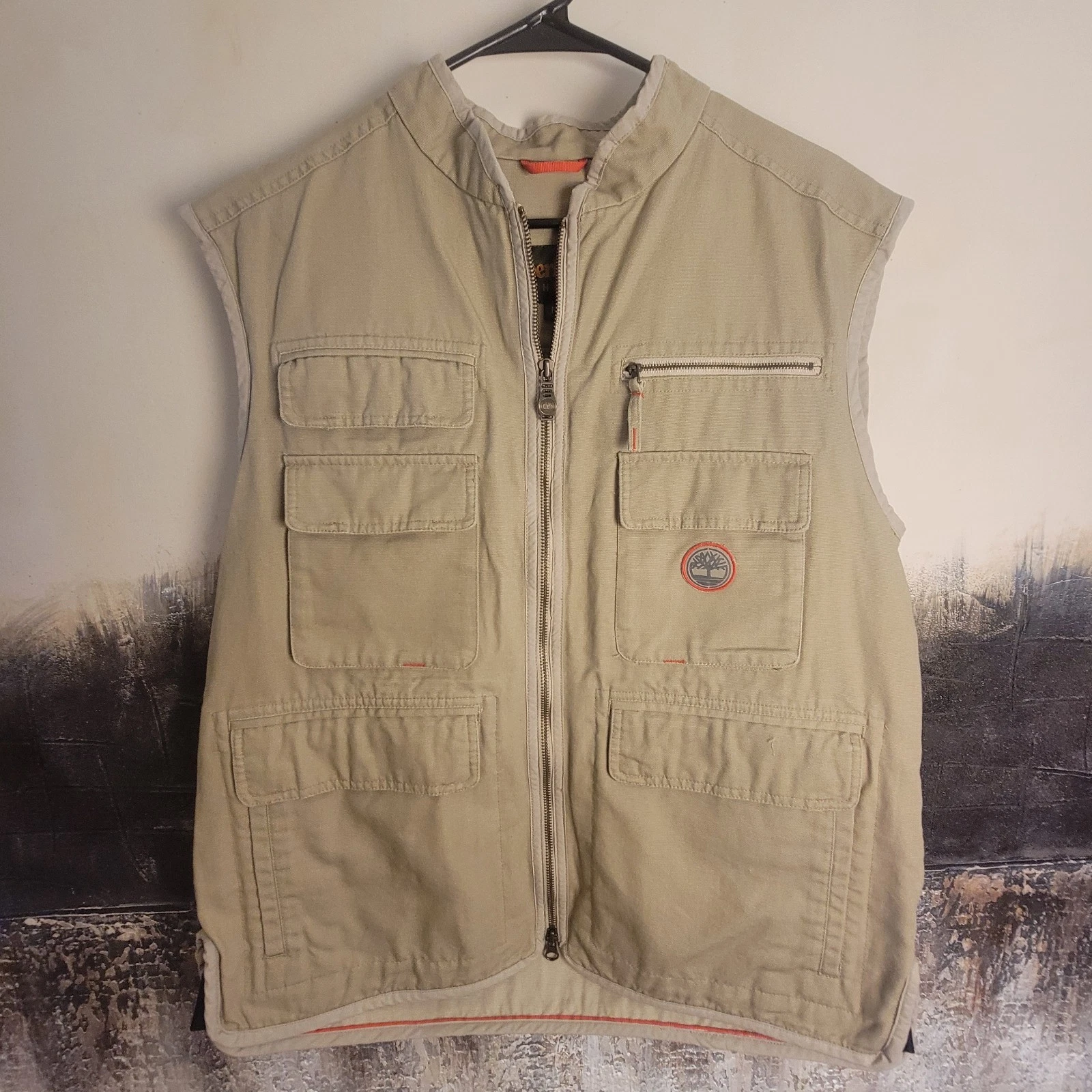 Timberland Beige Utility Vest Full Zip Stand-Up Collar Men's M Multiple Pockets
