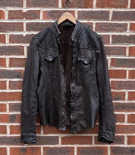AllSaints Mens PHANTON Leather Shirt Jacket SMALL Brown Bomber Biker All Saints