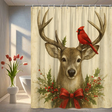Rustic Deer and Cardinal Shower Curtain with Holiday Wreath Design