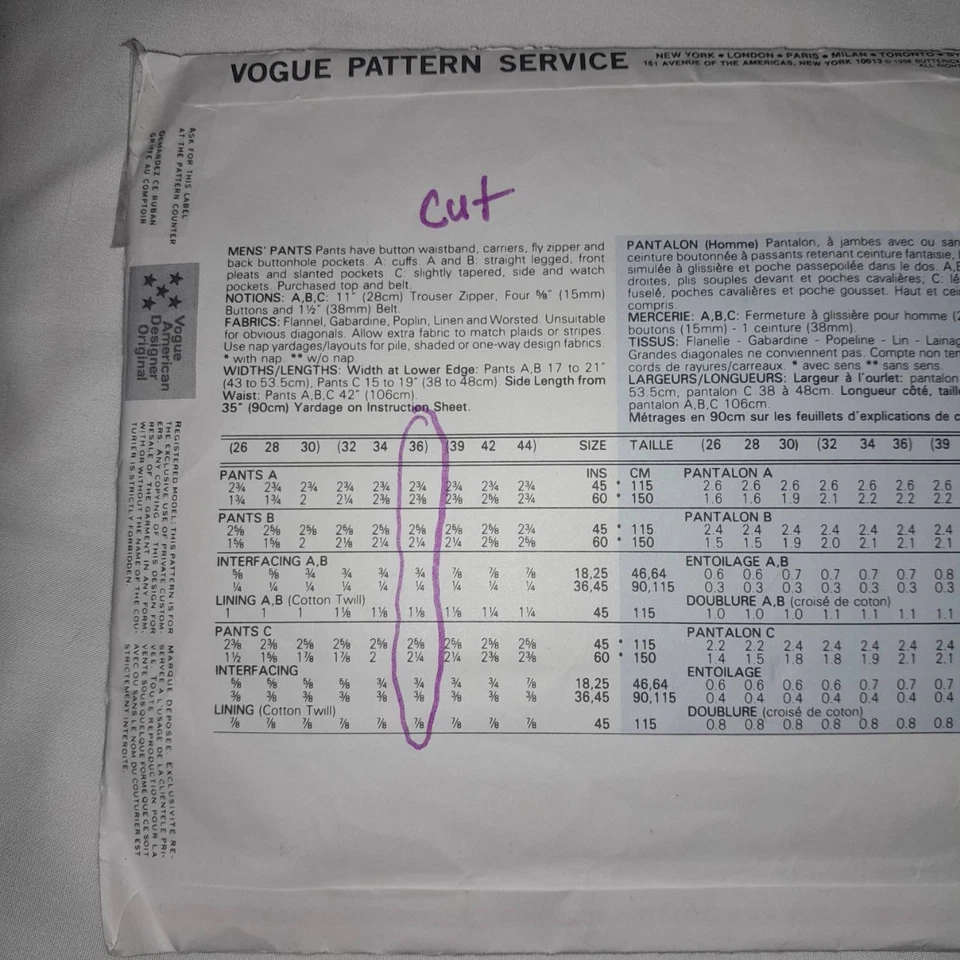 Vogue 2209 Pattern Perry Ellis Pleated Formal Pants Cut Sz 36 American Designer - Image 3 of 4